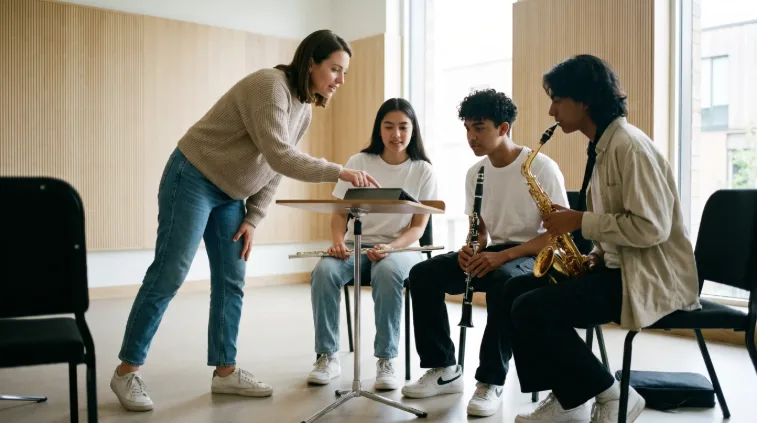 KI-generiertes Bild: Eine Musikerin beugt sich über ein Notenpult und erklärt drei sitzenden Bläserinnen und Bläsern eine Stelle in den Noten