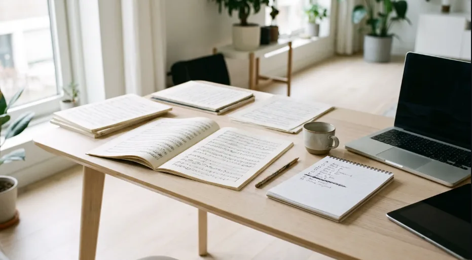 KI-generiertes Bild: Schreibtisch mit ausgebreiteten Partituren, einer handschriftlichen Ablaufliste und einem Laptop während der Konzertplanung